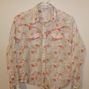 Wrangler Girls  Coral and Cream Print Pearl Snap Shirt